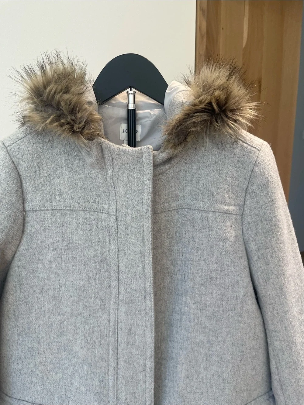 J. Crew Factory Light Gray Wool-Blend Duffel Coat with Faux Fur Hood - Picture 3 of 4